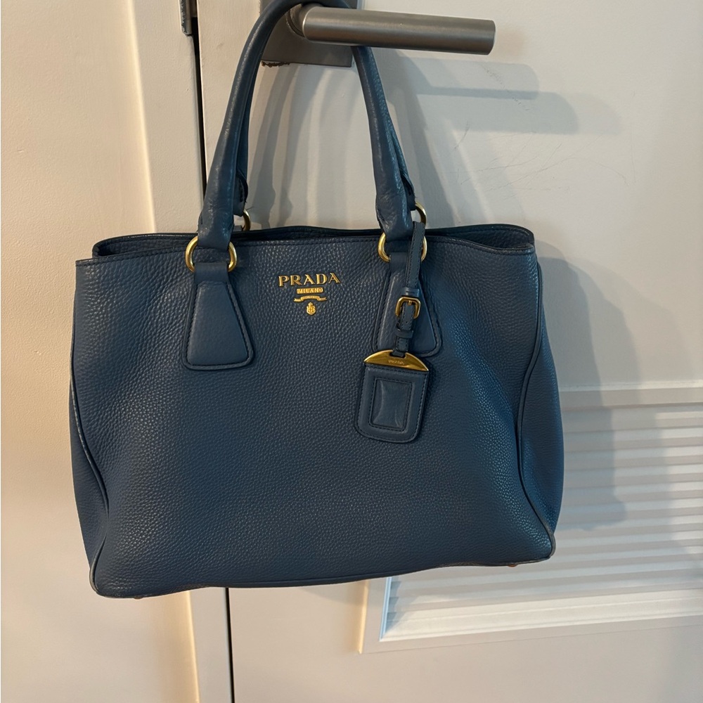 Prada Blue Vitello Daino Leather Tote with Gold Hardware